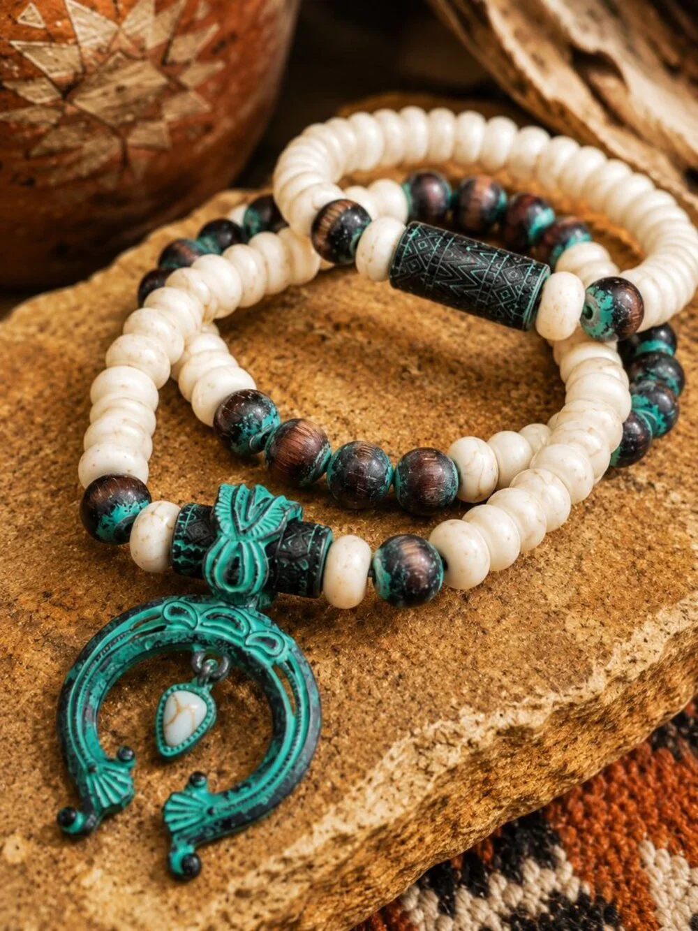 Southwestern Turquoise Patina Squash Blossom Beaded Bracelet Stack Set OSFM NWT